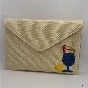 Cream Woven Clutch with Embroidered Cocktail Design